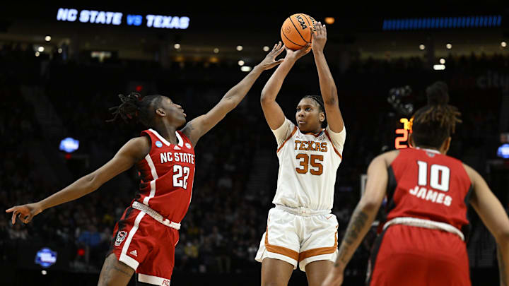 Mar 31, 2024; Portland, OR, USA; Texas Longhorns forward Madison Booker (35) shoots a jump shot