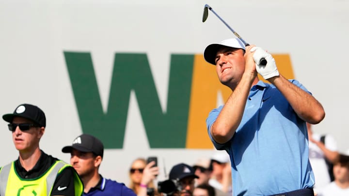 Scottie Scheffler plays his tee shot on the 12th hole during the final round of the WM Phoenix Open