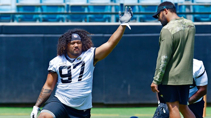 Jacksonville Jaguars defensive tackle Jay Tufele (97) during the Jaguars rookie minicamp session at TIAA Bank Field in Jacksonville, FL Tuesday, June 14, 2022.