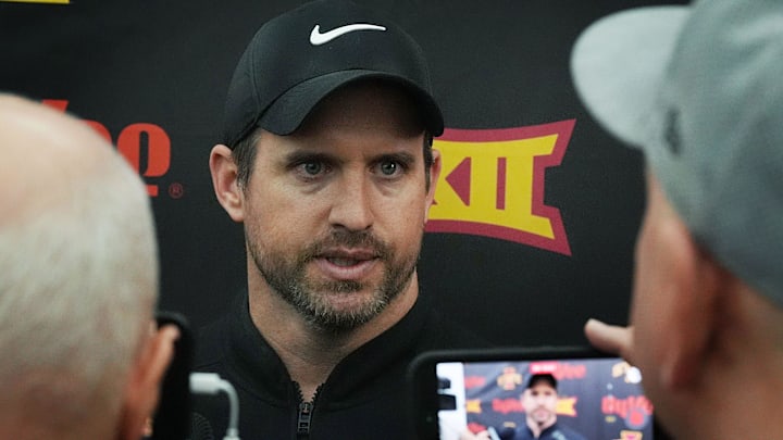 Iowa State football head coach Jimmy Rogers talks to media during NFL football pro-day at Bergstrom Football Complex on March 24, 2026, in Ames, Iowa.