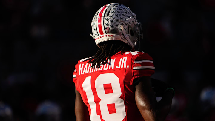 Nov 18, 2023; Columbus, Ohio, USA; Ohio State Buckeyes wide receiver Marvin Harrison Jr. (18) warms Nov 18, 2023; Columbus, Ohio, USA; Ohio State Buckeyes wide receiver Marvin Harrison Jr. (18) warms