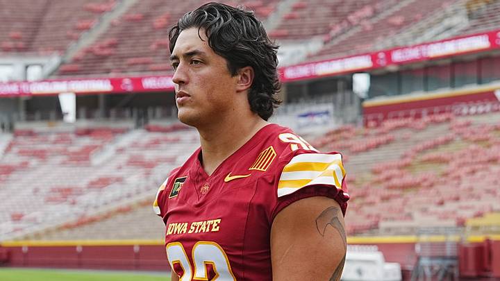 Iowa State defensive end Caden Crawford (92) poses during the university football media day at Jack Trice Stadium on August 19, 2026, in Ames, Iowa. Iowa State defensive end Caden Crawford (92) poses during the university football media day at Jack Trice Stadium on August 19, 2026, in Ames, Iowa.