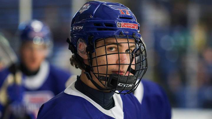 PLYMOUTH, MI - JANUARY 15: Jack Hextall #17 of Team Blue looks at the opponents bench during a timeout during the Chipotle All American Game between Team White and Team Blue at USA Hockey Arena on January 15, 2026 in Plymouth, Michigan.
