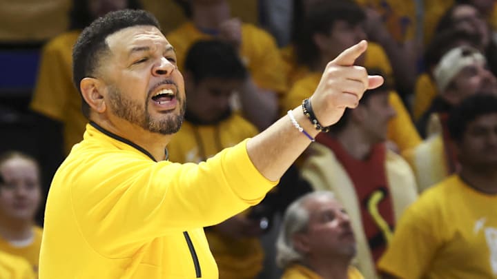 Jan 24, 2026; Pittsburgh, Pennsylvania, USA;  Pittsburgh Panthers head coach Jeff Capel reacts on the court against the NC State Wolfpack during the second half at the Petersen Events Center. Mandatory Credit: Charles LeClaire-Imagn Images