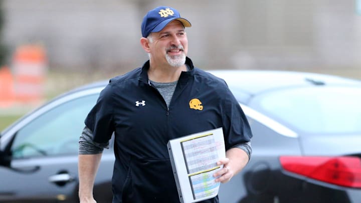 Notre Dame offensive line coach Joe Rudolph at Notre Dame spring football practice Thursday, March 7, 2024, at the Irish Athletics Center in South Bend.