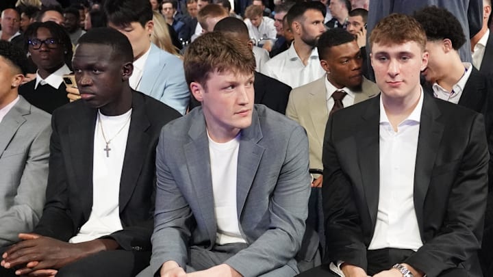 May 12, 2025; Chicago, Illinois, US; Duke players R-L Cooper Flagg, Kon Knueppel,and Khaman Maluach. during the 2025 NBA Draft Lottery at McCormick Place. Mandatory Credit: David Banks-Imagn Images May 12, 2025; Chicago, Illinois, US; Duke players R-L Cooper Flagg, Kon Knueppel,and Khaman Maluach. during the 2025 NBA Draft Lottery at McCormick Place. Mandatory Credit: David Banks-Imagn Images