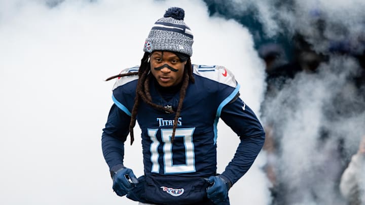 Jan 7, 2024; Nashville, Tennessee, USA;  Tennessee Titans wide receiver DeAndre Hopkins (10) takes the field during the first half against the Jacksonville Jaguarsat Nissan Stadium. Mandatory Credit: Steve Roberts-Imagn Images
