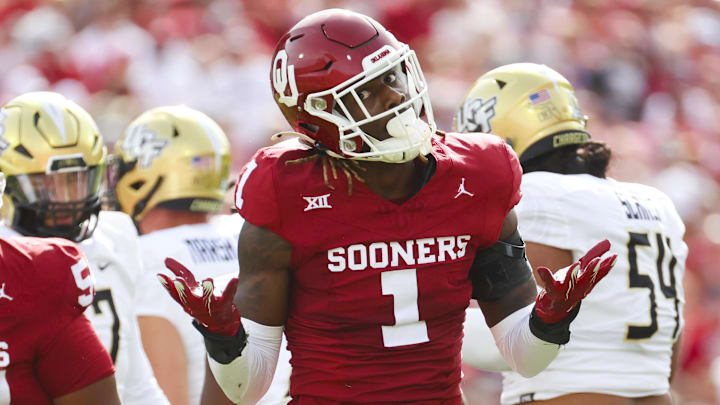 Oct 21, 2023; Norman, Oklahoma, USA;  Oklahoma Sooners linebacker Dasan McCullough (1) reacts during the first quarter against the UCF Knights at Gaylord Family-Oklahoma Memorial Stadium.