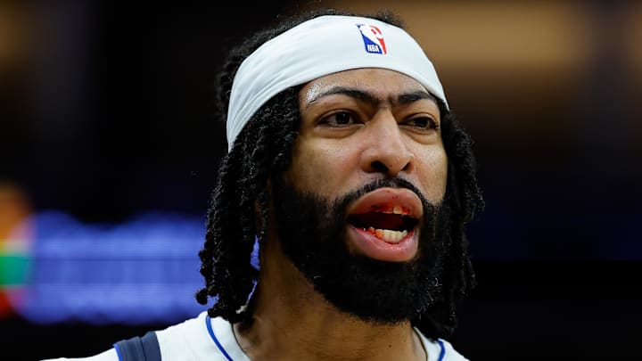 Apr 16, 2025; Sacramento, California, USA; Dallas Mavericks forward Anthony Davis (3) bleeds from the mouth after a play during the fourth quarter against the Sacramento Kings at Golden 1 Center. Mandatory Credit: Sergio Estrada-Imagn Images