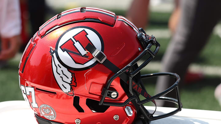 A general view of the football helmet worn by the Utah Utes against the Southern Utah Thunderbirds at Rice-Eccles Stadium.