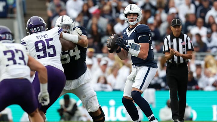 Penn State Nittany Lions quarterback Drew Allar (15) looks to throw a pass during the third quarter against the Northwestern Wildcats at Beaver Stadium. 