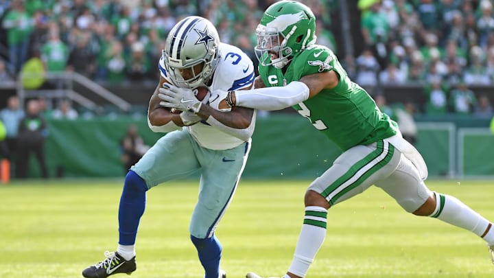 Dec 29, 2024; Philadelphia, Pennsylvania, USA; Dallas Cowboys wide receiver Brandin Cooks (3) is tackled by Philadelphia Eagles cornerback Darius Slay Jr. (2) at Lincoln Financial Field. Mandatory Credit: Eric Hartline-Imagn Images