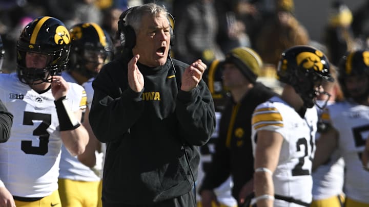 Nov 23, 2024; College Park, Maryland, USA;  Iowa Hawkeyes head coach Kirk Ferentz reacts during the first half against the Maryland Terrapins at SECU Stadium. Mandatory Credit: Tommy Gilligan-Imagn Images
