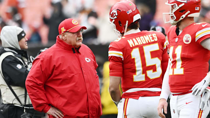 Dec 15, 2024; Cleveland, Ohio, USA; Kansas City Chiefs head coach Andy Reid talks to quarterback Patrick Mahomes (15) before the game between the Cleveland Browns and the Chiefs at Huntington Bank Field. Mandatory Credit: Ken Blaze-Imagn Images