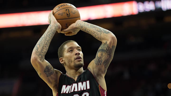 Apr 15, 2015; Philadelphia, PA, USA; Miami Heat forward Michael Beasley (30) shoots against the Philadelphia 76ers during the second half at Wells Fargo Center. The Heat won 105-101. Mandatory Credit: Bill Streicher-Imagn Images Apr 15, 2015; Philadelphia, PA, USA; Miami Heat forward Michael Beasley (30) shoots against the Philadelphia 76ers during the second half at Wells Fargo Center. The Heat won 105-101. Mandatory Credit: Bill Streicher-Imagn Images