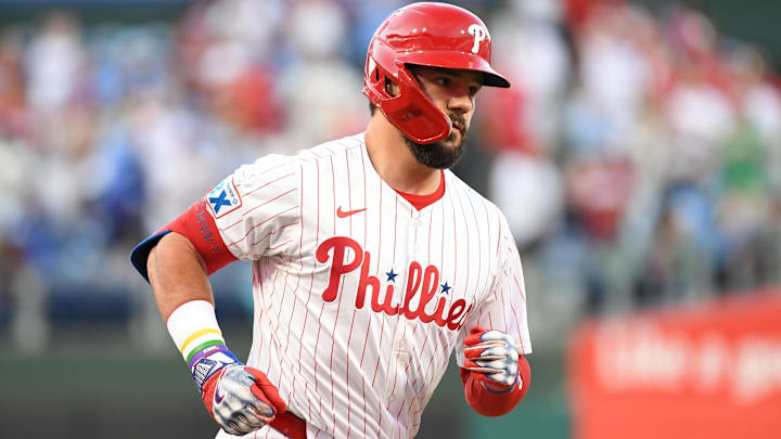 Aug 19, 2025; Philadelphia, Pennsylvania; Philadelphia Phillies outfielder Kyle Schwarber (12) runs the bases after hitting a home run during the first inning against the Seattle Mariners at Citizens Bank Park. 