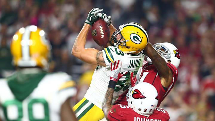 Green Bay Packers wide receiver Jeff Janis (83) catches a Hail Mary for a touchdown in a playoff game at Arizona.