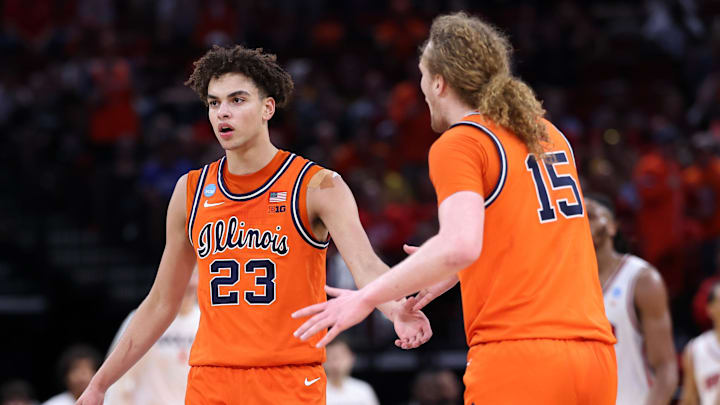 Mar 26, 2026; Houston, TX, USA; Illinois Fighting Illini guard Keaton Wagler (23) reacts against the Houston Cougars in the first half during a Sweet Sixteen game of the South Regional of the men's 2026 NCAA Tournament at Toyota Center. Mandatory Credit: Troy Taormina-Imagn Images