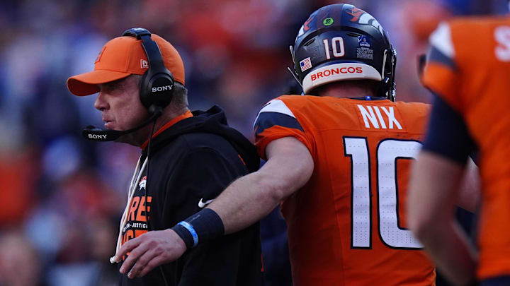 Dec 21, 2025; Denver, Colorado, USA; Denver Broncos head coach Sean Payton during the first half at Empower Field at Mile High. Mandatory Credit: Ron Chenoy-Imagn Images