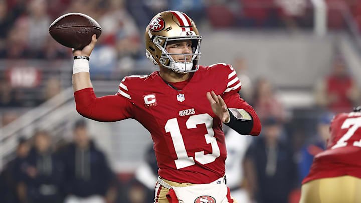 Nov 24, 2025; Santa Clara, California, USA; San Francisco 49ers quarterback Brock Purdy (13) drops back to pass against the Carolina Panthers during the first half at Levi's Stadium. Mandatory Credit: Kelley L Cox-Imagn Images