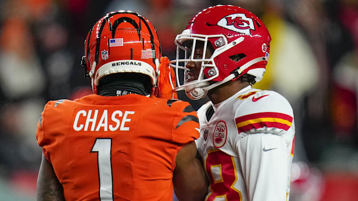 Dec 4, 2022; Cincinnati, Ohio, USA; Cincinnati Bengals wide receiver Ja'Marr Chase (1) and Kansas City Chiefs cornerback L'Jarius Sneed (38) exchange words between plays in the second quarter of a Week 13 NFL game at Paycor Stadium. Mandatory Credit:Sam Greene-Imagn Images