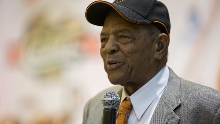 Willie Mays speaks after being inducted into the Cactus League Hall of Fame, February 22, 2017, during the Cactus League Luncheon at the Embassy Suites by Hilton Scottsdale Resort. 5001 N. Scottsdale Road, Scottsdale.