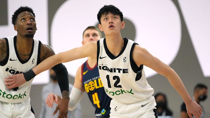 Dec 19, 2021; Las Vegas, NV, USA; G League Ignite forward Fanbo Zeng (12) is pictured during a third quarter free throw against the Grand Rapids Gold at Mandalay Bay Convention Center. Mandatory Credit: Stephen R. Sylvanie-Imagn Images