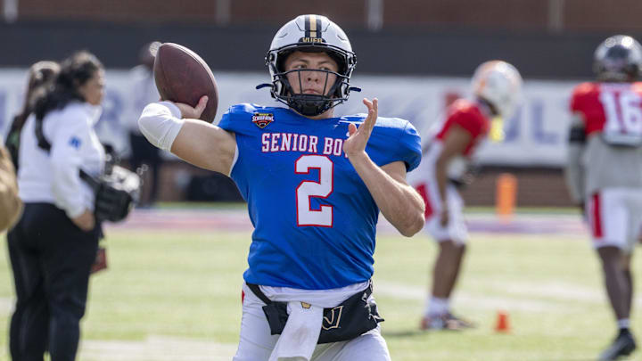 Jan 29, 2026; Mobile, AL, USA; National quarterback Diego Pavia (2) of Vanderbilt throws the ball during National Senior Bowl practice at Hancock Whitney Stadium. Mandatory Credit: Vasha Hunt-Imagn Images Jan 29, 2026; Mobile, AL, USA; National quarterback Diego Pavia (2) of Vanderbilt throws the ball during National Senior Bowl practice at Hancock Whitney Stadium. Mandatory Credit: Vasha Hunt-Imagn Images