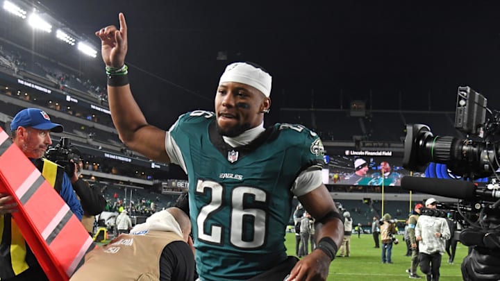 Nov 14, 2024; Philadelphia, Pennsylvania, USA; Philadelphia Eagles running back Saquon Barkley (26) runs off the field after win against the Washington Commanders at Lincoln Financial Field. Mandatory Credit: Eric Hartline-Imagn Images
