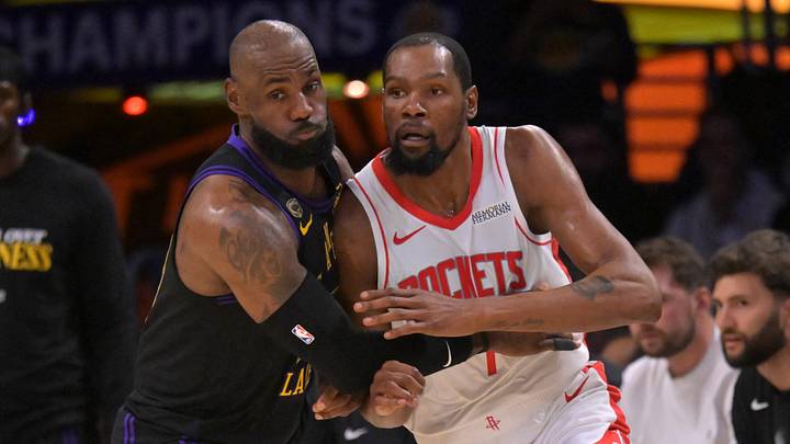 Apr 21, 2026; Los Angeles, California, USA; Los Angeles Lakers forward LeBron James (23) defends Houston Rockets forward Kevin Durant (7) in the first half of game two of the first round of the 2026 NBA Playoffs against the Houston Rockets at Crypto.com Arena. Mandatory Credit: Jayne Kamin-Oncea-Imagn Images