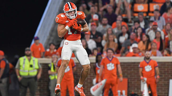 Clemson linebacker Wade Woodaz (17) intercepts a ball during the third quarter with Florida Atlantic Sep 16, 2023; Clemson, South Carolina, USA; at Memorial Stadium.