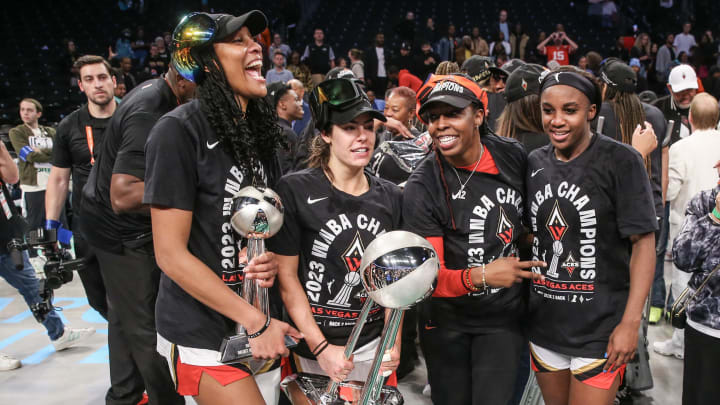 Oct 18, 2023; Brooklyn, New York, USA; The Las Vegas Aces celebrate after winning the 2023 WNBA Oct 18, 2023; Brooklyn, New York, USA; The Las Vegas Aces celebrate after winning the 2023 WNBA
