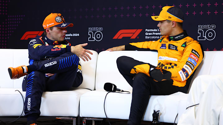2nd placed qualifier Max Verstappen of the Netherlands and Oracle Red Bull Racing and Pole position qualifier Lando Norris of Great Britain and McLaren attend the press conference after qualifying ahead of the F1 Grand Prix of Spain at Circuit de Barcelona-Catalunya on June 22, 2024 in Barcelona, Spain. (Photo by Clive Rose/Getty Images) 2nd placed qualifier Max Verstappen of the Netherlands and Oracle Red Bull Racing and Pole position qualifier Lando Norris of Great Britain and McLaren attend the press conference after qualifying ahead of the F1 Grand Prix of Spain at Circuit de Barcelona-Catalunya on June 22, 2024 in Barcelona, Spain. (Photo by Clive Rose/Getty Images)
