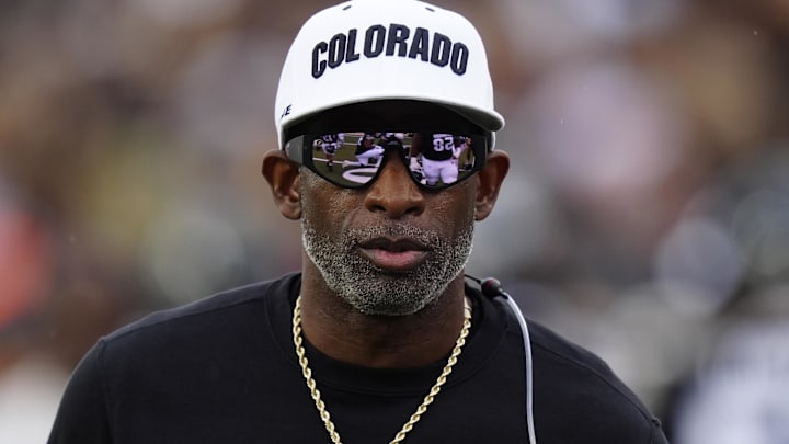 Oct 11, 2025; Boulder, Colorado, USA; Colorado Buffaloes head coach Deion Sanders before the game against the Iowa State Cyclones  at Folsom Field. Mandatory Credit: Ron Chenoy-Imagn Images