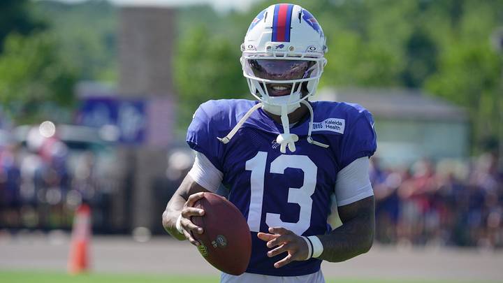Buffalo Bills' rookie wide receiver Skyler Bell (13) turns after catching a pass in practice at Bills' training camp at St. John Fisher University in Pittsford, New York, on Aug. 4, 2026.