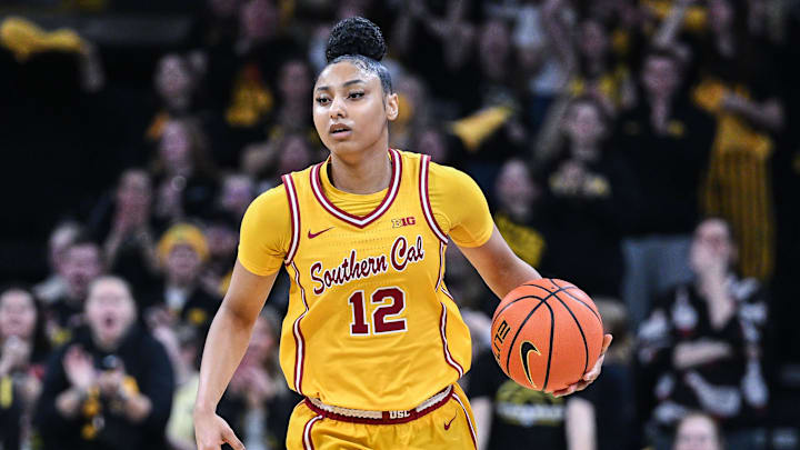Feb 2, 2025; Iowa City, Iowa, USA; USC Trojans guard JuJu Watkins (12) in action during the game against the Iowa Hawkeyes at Carver-Hawkeye Arena. Mandatory Credit: Jeffrey Becker-Imagn Images