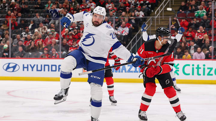 Dec 11, 2025; Newark, New Jersey, USA; Tampa Bay Lightning left wing Nick Paul (20) celebrates his goal against the New Jersey Devils during the first period at Prudential Center. Mandatory Credit: Ed Mulholland-Imagn Images Dec 11, 2025; Newark, New Jersey, USA; Tampa Bay Lightning left wing Nick Paul (20) celebrates his goal against the New Jersey Devils during the first period at Prudential Center. Mandatory Credit: Ed Mulholland-Imagn Images