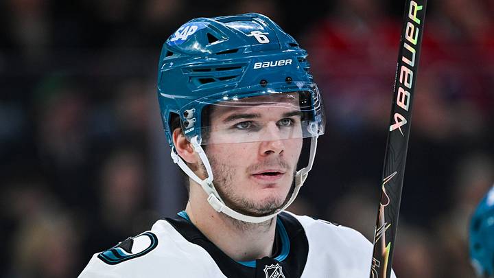 Mar 14, 2026; Montreal, Quebec, CAN; San Jose Sharks defenseman Sam Dickinson (6) looks on against the Montreal Canadiens during the second period at Bell Centre. Mandatory Credit: David Kirouac-Imagn Images