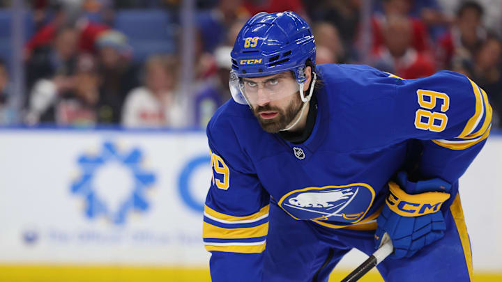 Jan 31, 2026; Buffalo, New York, USA;  Buffalo Sabres right wing Alex Tuch (89) waits for the face-off during the second period against the Montréal Canadiens at KeyBank Center. Mandatory Credit: Timothy T. Ludwig-Imagn Images