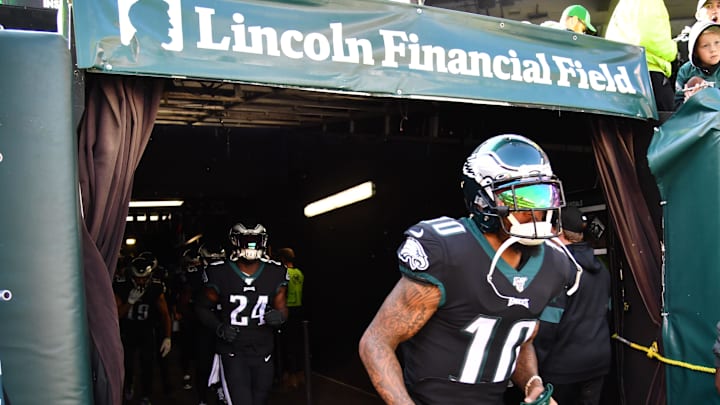 Nov 3, 2019; Philadelphia, PA, USA; Philadelphia Eagles wide receiver DeSean Jackson (10) takes the field during warmups against the Chicago Bears at Lincoln Financial Field.
