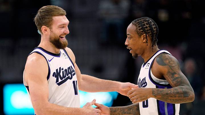 Dec 6, 2024; San Antonio, Texas, USA; Sacramento Kings center Domantas Sabonis (11) and forward DeMar DeRozan (10) embrace before a game the San Antonio Spurs at Frost Bank Center. Dec 6, 2024; San Antonio, Texas, USA; Sacramento Kings center Domantas Sabonis (11) and forward DeMar DeRozan (10) embrace before a game the San Antonio Spurs at Frost Bank Center.