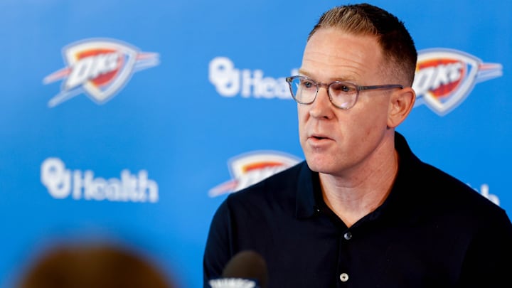 Sam Presti speaks to the press in Oklahoma City, on Tuesday, May 28, 2024.