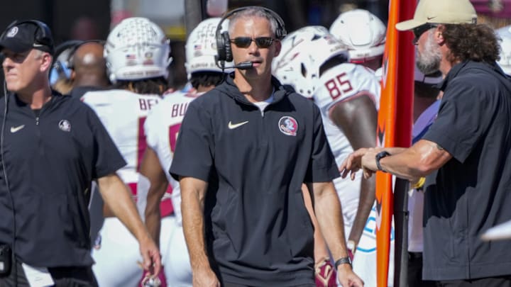 Oct 28, 2023; Winston-Salem, North Carolina, USA; Florida State Seminoles head coach Mike Norvell during the first half against the Wake Forest Demon Deacons at Allegacy Federal Credit Union Stadium. Mandatory Credit: Jim Dedmon-Imagn Images Oct 28, 2023; Winston-Salem, North Carolina, USA; Florida State Seminoles head coach Mike Norvell during the first half against the Wake Forest Demon Deacons at Allegacy Federal Credit Union Stadium. Mandatory Credit: Jim Dedmon-Imagn Images