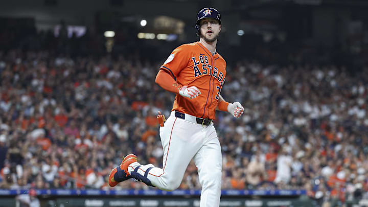 Sep 20, 2024; Houston, Texas, USA; Houston Astros right fielder Kyle Tucker (30) looks towards the dugout after hitting a single during the third inning against the Los Angeles Angels at Minute Maid Park. Mandatory Credit: Troy Taormina-Imagn Images Sep 20, 2024; Houston, Texas, USA; Houston Astros right fielder Kyle Tucker (30) looks towards the dugout after hitting a single during the third inning against the Los Angeles Angels at Minute Maid Park. Mandatory Credit: Troy Taormina-Imagn Images