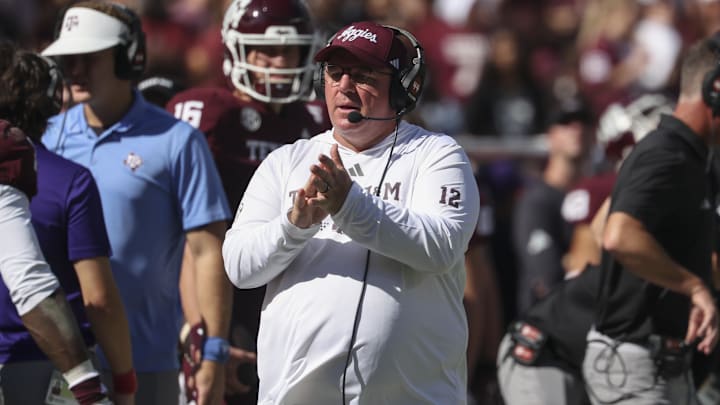 Nov 15, 2025; College Station, Texas, USA; Texas A&M Aggies head coach Mike Elko reacts during the second quarter against the South Carolina Gamecocks at Kyle Field. Mandatory Credit: Troy Taormina-Imagn Images