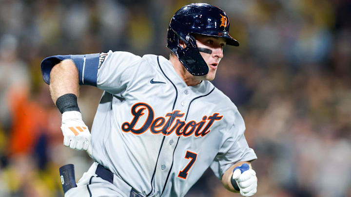 Mar 27, 2026; San Diego, California, USA; Detroit Tigers third baseman Kevin McGonigle (7) hits a two-run single during the eighth inning against the San Diego Padres at Petco Park. Mandatory Credit: David Frerker-Imagn Images