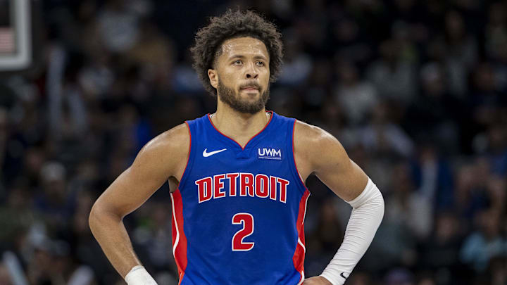 Mar 27, 2024; Minneapolis, Minnesota, USA; Detroit Pistons guard Cade Cunningham (2) look on against the Timberwolves. 
