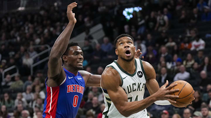 Nov 13, 2024; Milwaukee, Wisconsin, USA;  Milwaukee Bucks forward Giannis Antetokounmpo (34) drives for the basket during the first quarter against the Detroit Pistons at Fiserv Forum. Mandatory Credit: Jeff Hanisch-Imagn Images