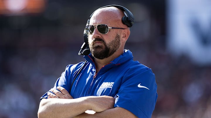 Sep 15, 2024; Landover, Maryland, USA; New York Giants head coach Brian Daboll stands on the sideline in the second half against the Washington Commanders at Commanders Field.