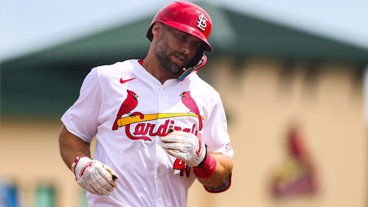 Mar 5, 2024; Jupiter, Florida, USA; St. Louis Cardinals first baseman Paul Goldschmidt (46) circles